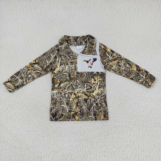 BT0332  Green Duck Bird Camo Boys Long Sleeve Top Collar Polo Pullover T-Shirts