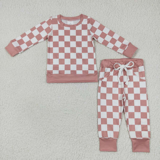 BLP0271 Pink Plaid  Boys Long Sleeve Pants Outfits Pajamas