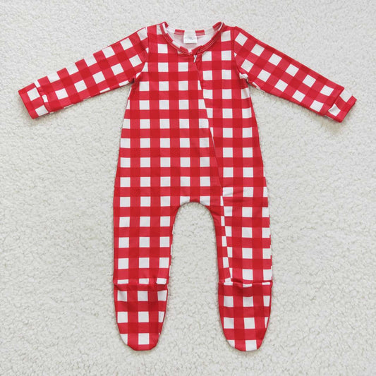 LR0549   Red Plaid Zipper Girls Long Sleeve Romper