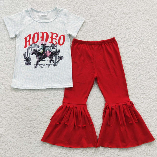 GSPO0602 Rodeo Cowboy Red Velvet Girls Short Sleeve Bell Bottom Pants Outfits