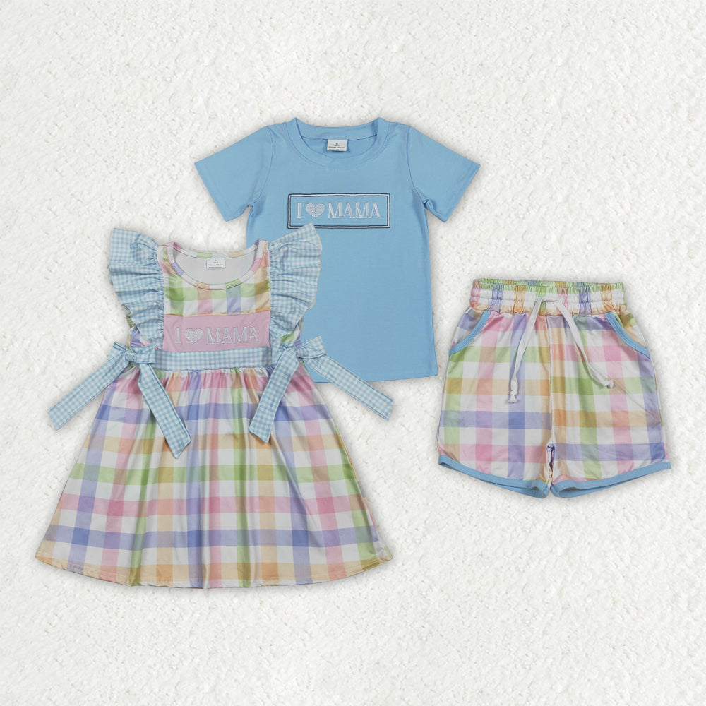 Sibling Matching Clothes Embroidered Mothers Day I Love MOM Letter Colored Plaid Blue Outfit 202603 RTS