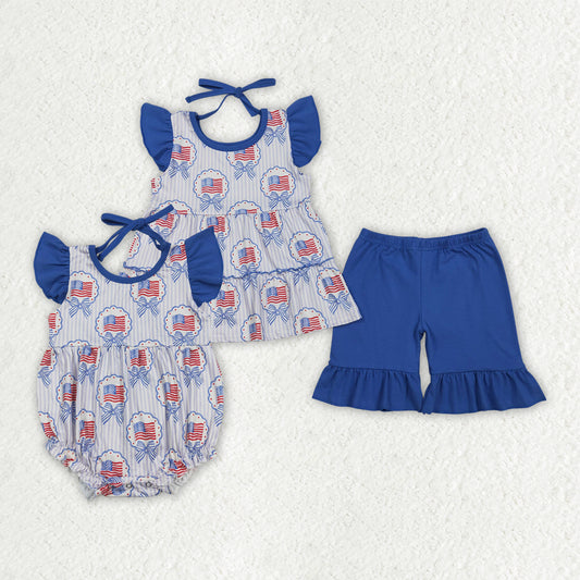 Sibling Matching Clothes 4th of July Flag Blue Fly Sleeve Girls Outfit 202604 RTS