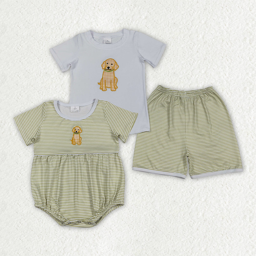 Sibling Matching Clothes Puppy Pattern Embroidered Green Stripe Short Sleeve Boys Outfit 202605 RTS