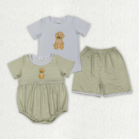 Sibling Matching Clothes Puppy Pattern Embroidered Green Stripe Short Sleeve Boys Outfit 202605 RTS