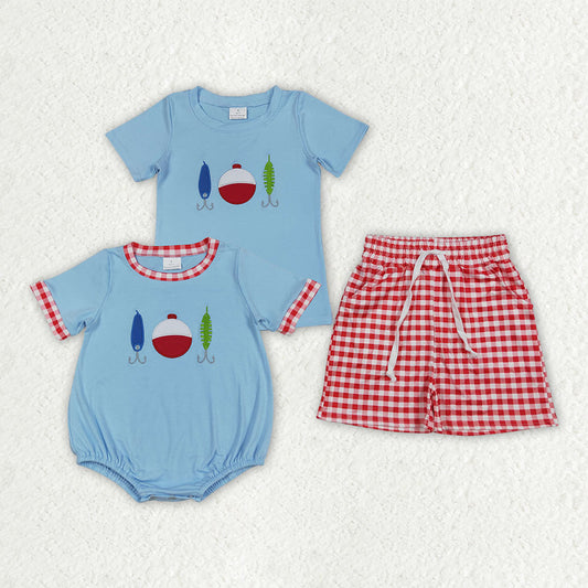 Sibling Matching Clothes Fishing Pattern Embroidered Blue Short Sleeve Boys Outfit 202604 RTS