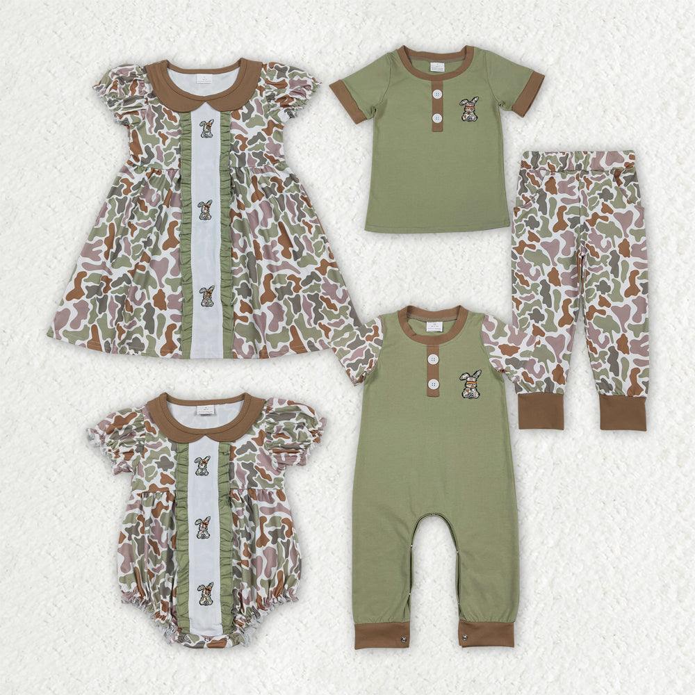 Sibling Matching Clothes Embroidered Easter Bunny Short Sleeve Sets Wear 202511 RTS