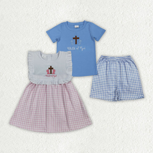 Sibling Matching Clothes Embroidered Easter Cross Pink Blue Kids Clothes Sets 202604 RTS