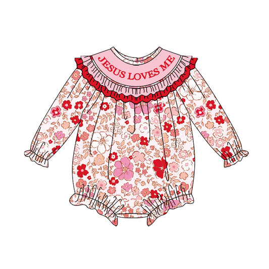MOQ 8 Preorder LR2769 Valentine's Day Jesus Love Me Red Pink Ruffle Long-Sleeved Girls Bubble Romper 202510