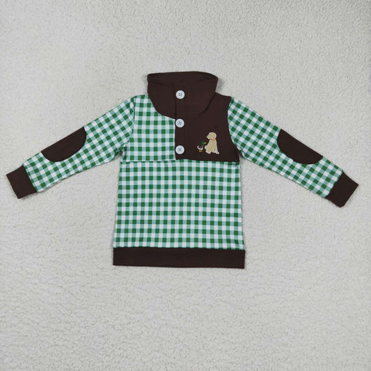 BT0301   Green Duck Dog Camo Embroidery Boys Long Sleeve Top Collar Polo Pullover T-Shirts