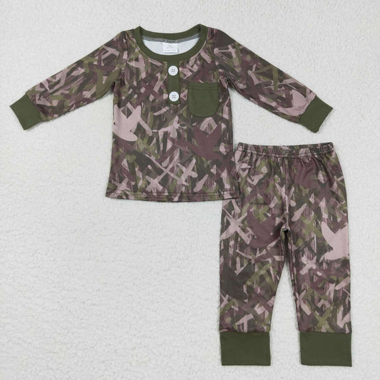 BLP0326 Green Bird Camo Boys Long Sleeve Pants Outfits Pajamas