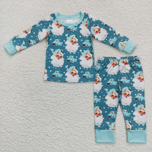 BLP0325 Christmas   Blue Santa  Boys Long Sleeve Pants Outfits Pajamas