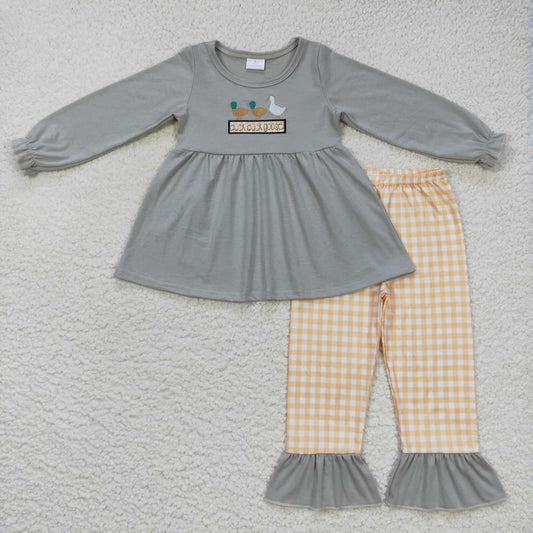 GLP0724 Grey Duck Goose Orange  Embroidery Girls Long Sleeve Pants Outfits