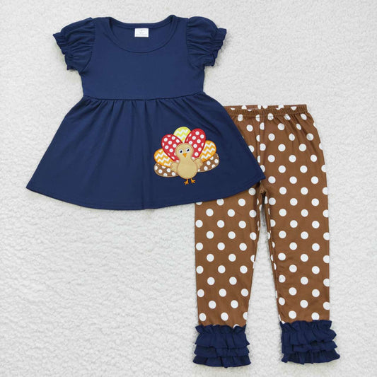 GSPO0795 Thanksgiving Turkey Blue Embroidery  Girls Short Sleeve Pants Outfits