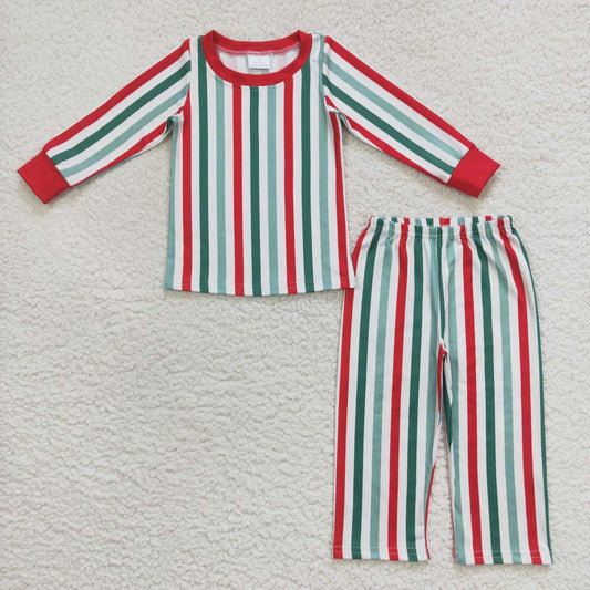 BLP0361  Christmas Red Green Stripes Boys Long Sleeve Pants Outfits Pajamas