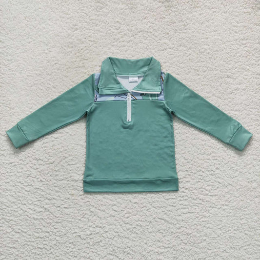 BT0335    Green  Fish Boys Long Sleeve Top Collar Polo Pullover T-Shirts