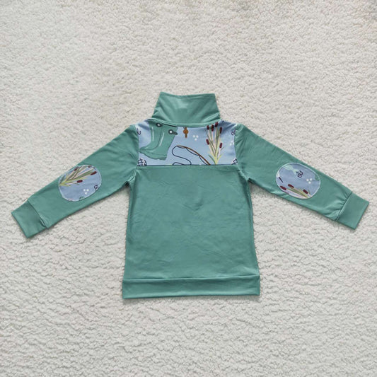 BT0335    Green  Fish Boys Long Sleeve Top Collar Polo Pullover T-Shirts