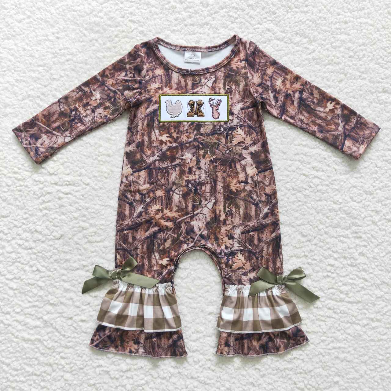 LR0526  Christmas Green Camo Deer Cartoon Embroidery Girls Long Sleeve Romper