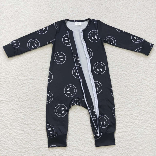 LR0654 Black Smile Emoji  Zipper Girls Long Sleeve Romper