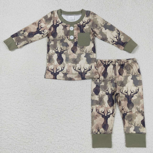 BLP0332 Green Deer Camo Boys Long Sleeve Pants Outfits Pajamas