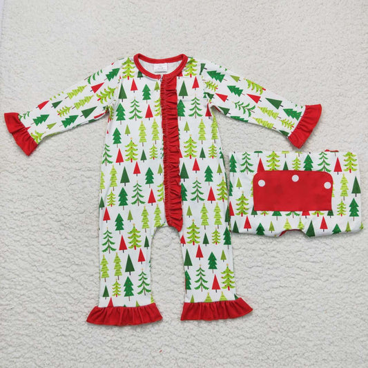 LR0626 Christmas Red Green Tree   Zipper Girls Long Sleeve Romper