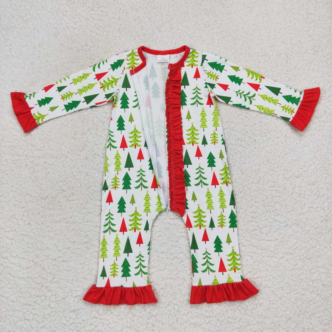 LR0626 Christmas Red Green Tree   Zipper Girls Long Sleeve Romper