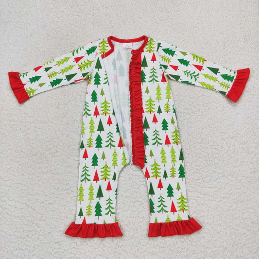 LR0626 Christmas Red Green Tree   Zipper Girls Long Sleeve Romper