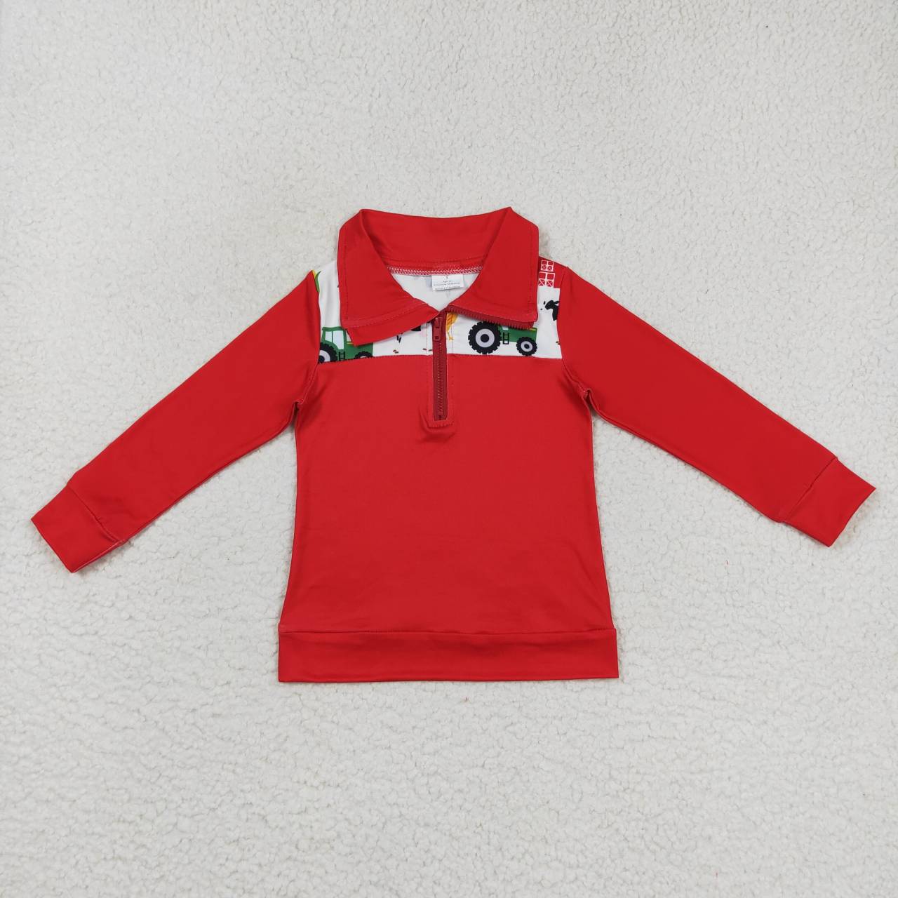 BT0347  Christmas Red Farm  Boys Long Sleeve Top Collar Polo Pullover T-Shirts