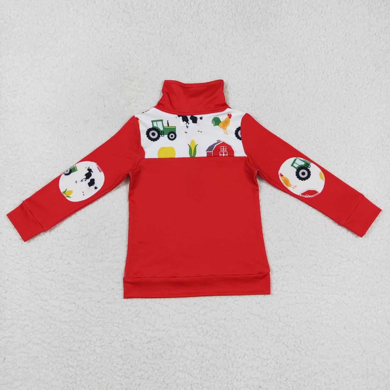 BT0347  Christmas Red Farm  Boys Long Sleeve Top Collar Polo Pullover T-Shirts