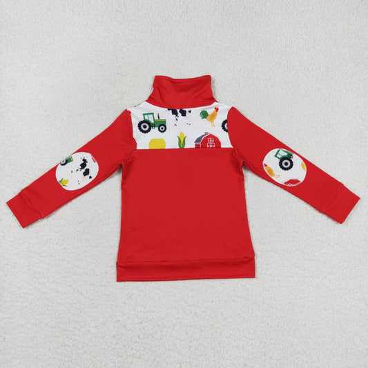 BT0347  Christmas Red Farm  Boys Long Sleeve Top Collar Polo Pullover T-Shirts