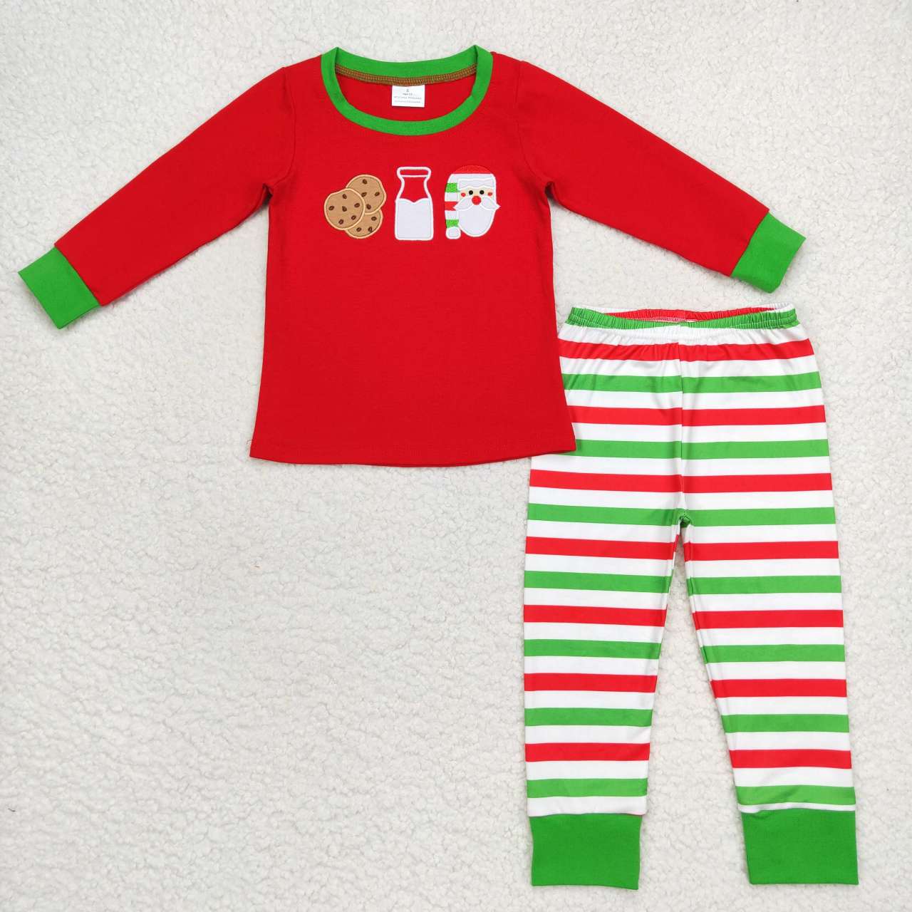 BLP0313 Christmas Santa Red Cookies Milk  Embroidery Boys Long Sleeve Pants Outfits Pajamas