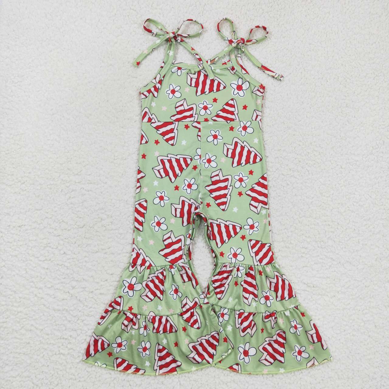 SR0453 Christmas Green Red Tree  Girls Sleeveless Jumpsuit