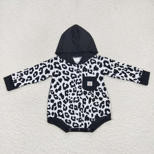 LR0595 Black Leopard  Hoodies Girls Long Sleeve Romper