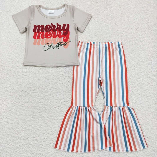 GSPO0882 Merry Christmas Stripes  Girls Short Sleeve Bell Bottom Pants Outfits