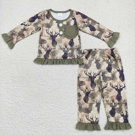 GLP0747 Green Deer Camo Girls Long Sleeve Pants Outfits Pajamas