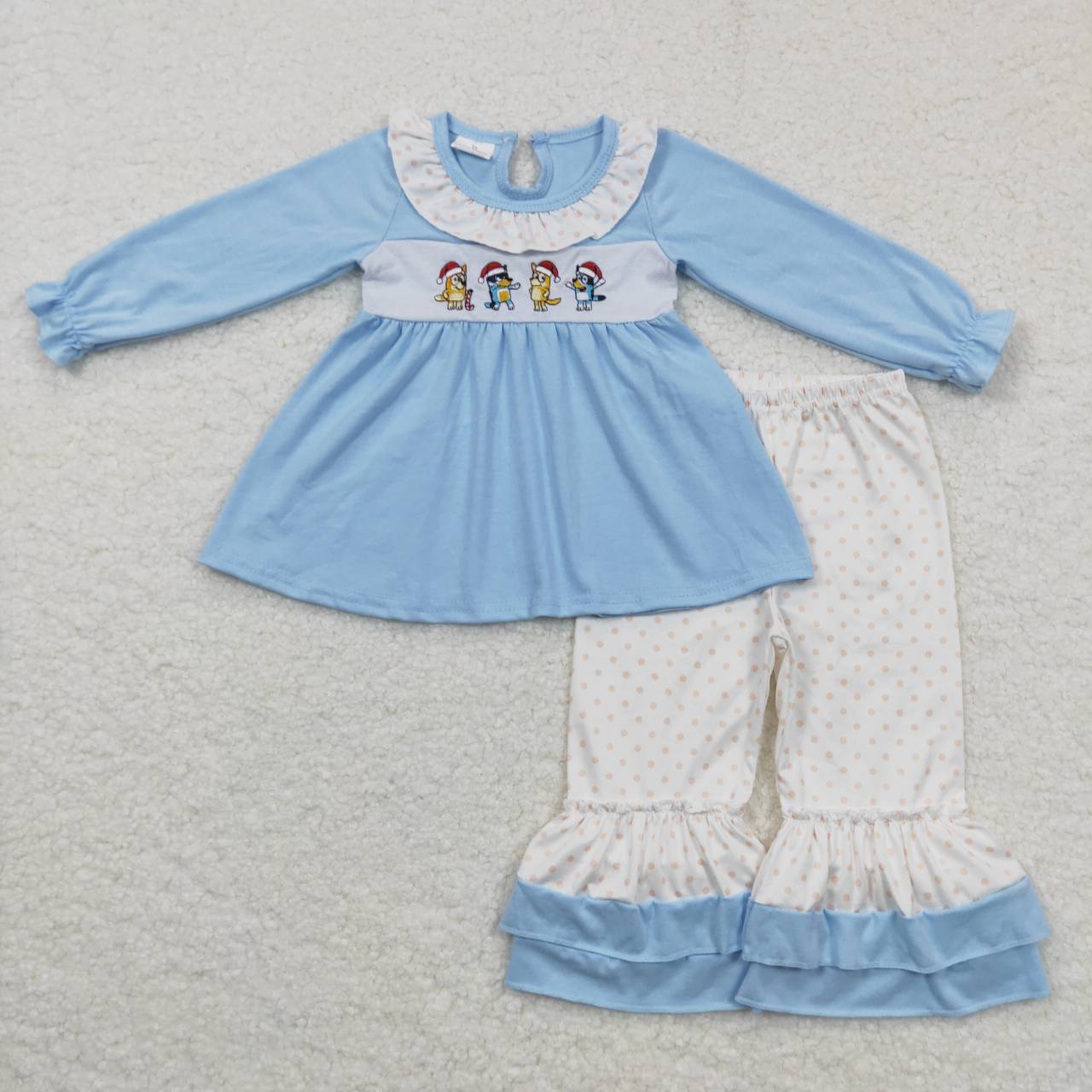 Christmas Blue Dog Cartoon Embroidery Tunic Girls Long Sleeve Pants Outfits