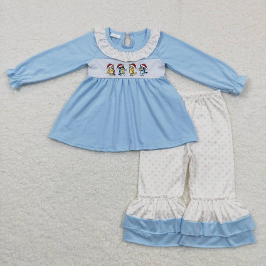 Christmas Blue Dog Cartoon Embroidery Tunic Girls Long Sleeve Pants Outfits