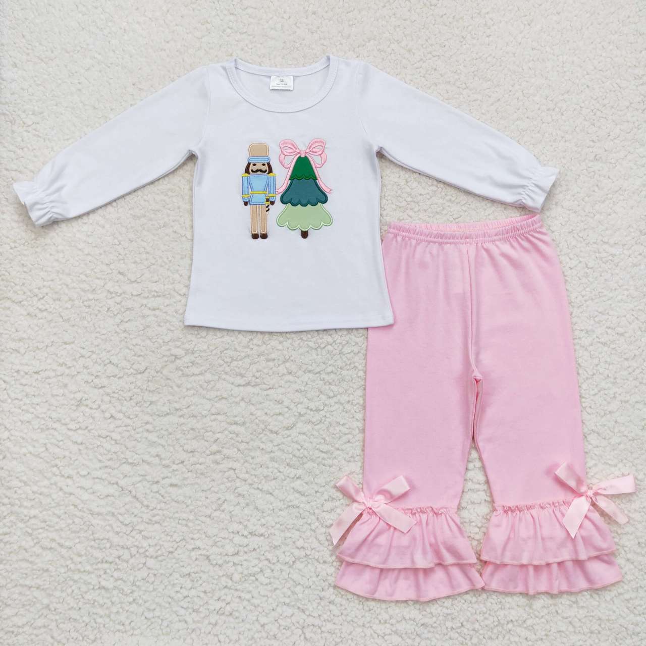 GLP0597 Christmas Pink Green Tree Embroidery Tunic Girls Long Sleeve Pants Outfits