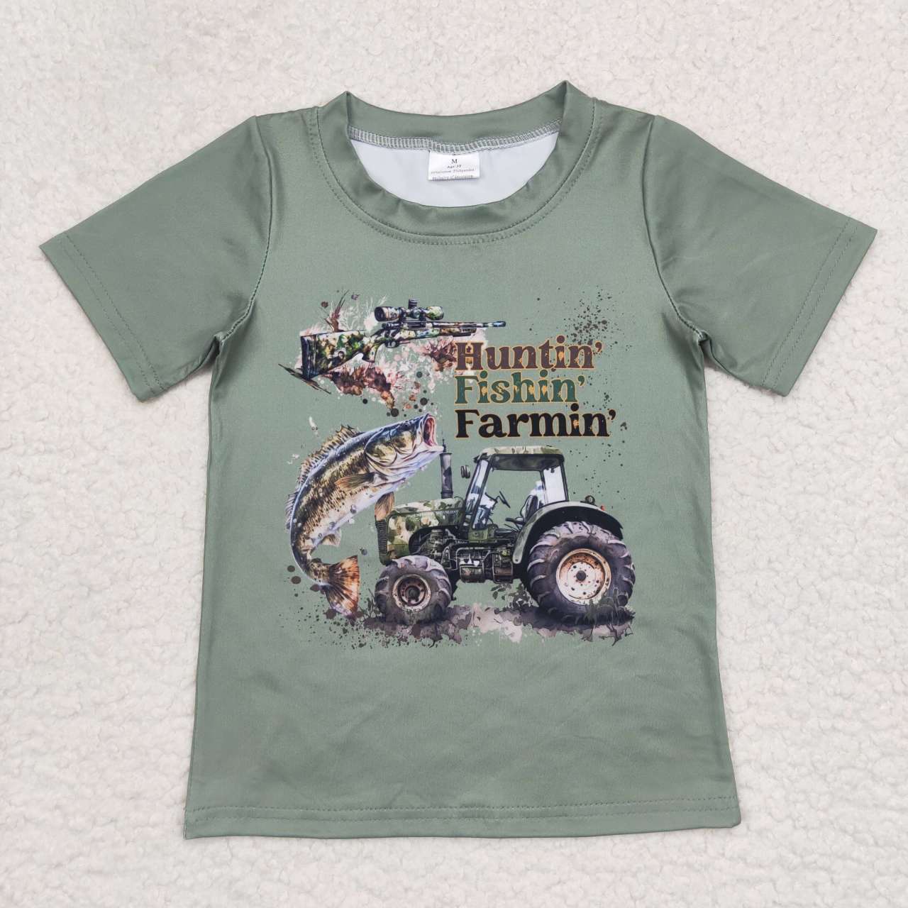 BT0344 Green Truck Huntin Fishin Farmin Fish Boys Short Sleeve Top T-shirts