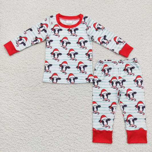 BLP0356 Christmas Red Cow Santa Boys Long Sleeve Pants Outfits Pajamas