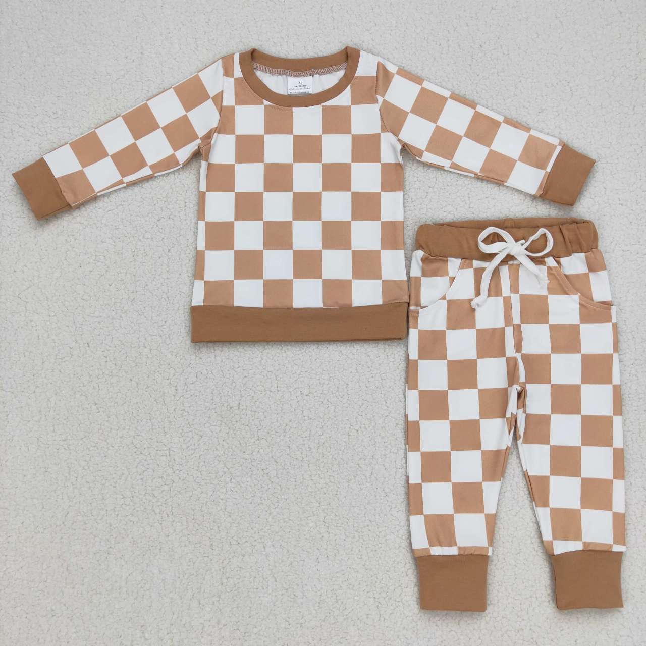 BLP0270  Brown  Plaid  Boys Long Sleeve Pants Outfits Pajamas