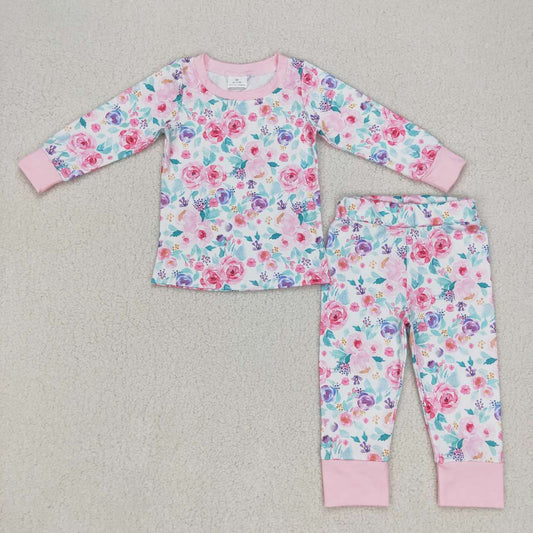 GLP0742  Pink Floral  Girls Long Sleeve Pants Outfits Pajamas