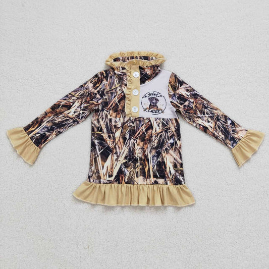 GT0313  Brown Camo Duck Girls Long Sleeve Top Collar Polo Pullover T-Shirts