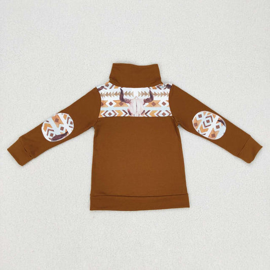 BT0348  Brown Highland Cow  Boys Long Sleeve Top Collar Polo Pullover T-Shirts