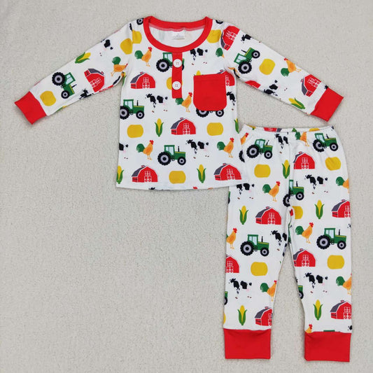 BLP0340 Christmas Red Green Truck Cow Pig Boys Long Sleeve Pants Outfits Pajamas