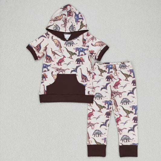 BSPO0152  Brown Dinosaur pocket Boys Short Sleeve Hoodies Outfits