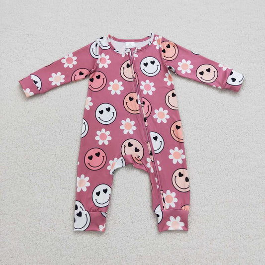 LR0649 Pink Smile Print Zipper Girls Long Sleeve Romper