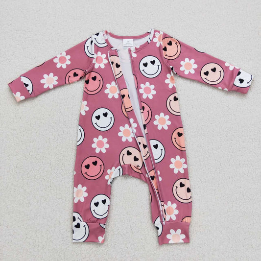 LR0649 Pink Smile Print Zipper Girls Long Sleeve Romper