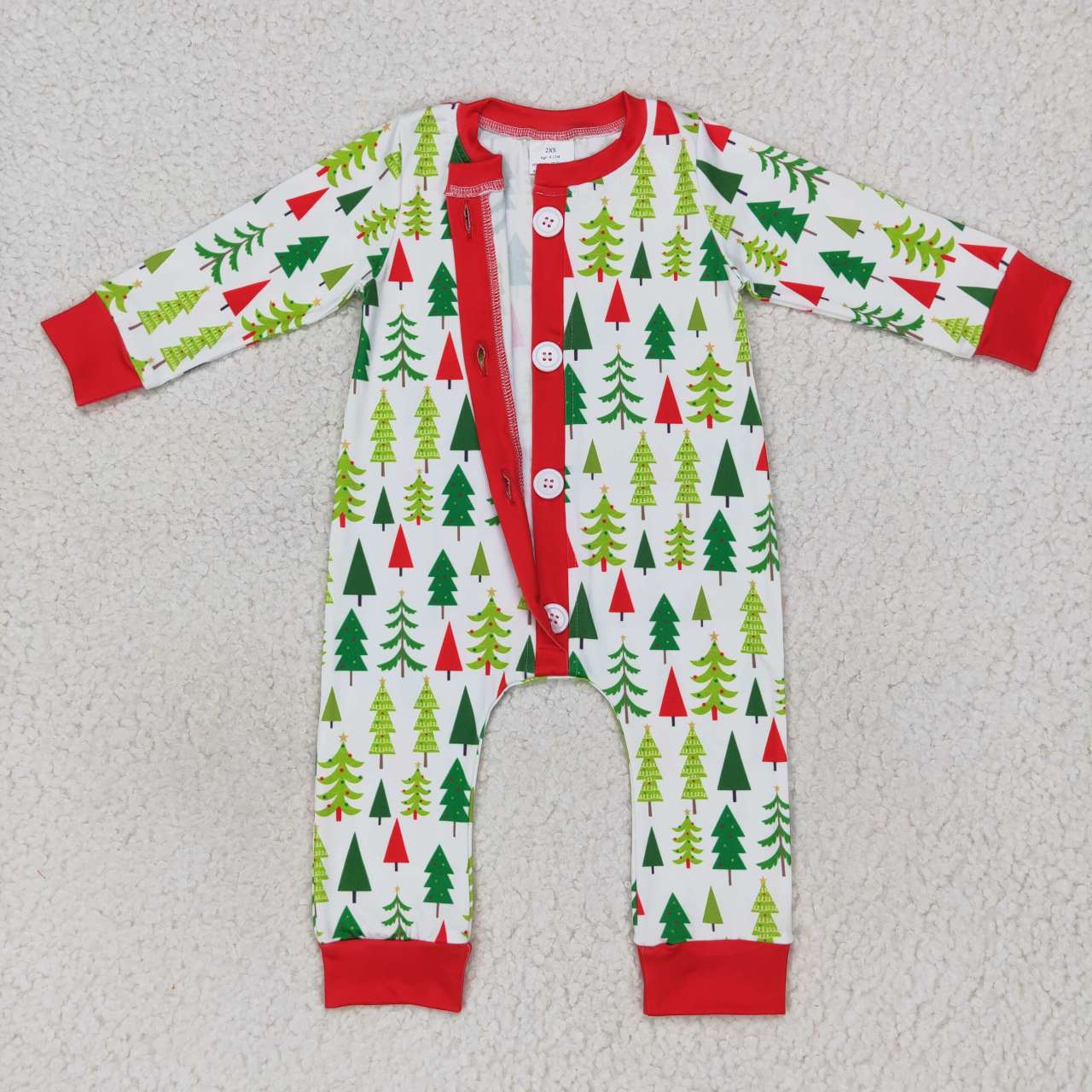 LR0627   Christmas Red Green Tree   Zipper Boys Long Sleeve Romper