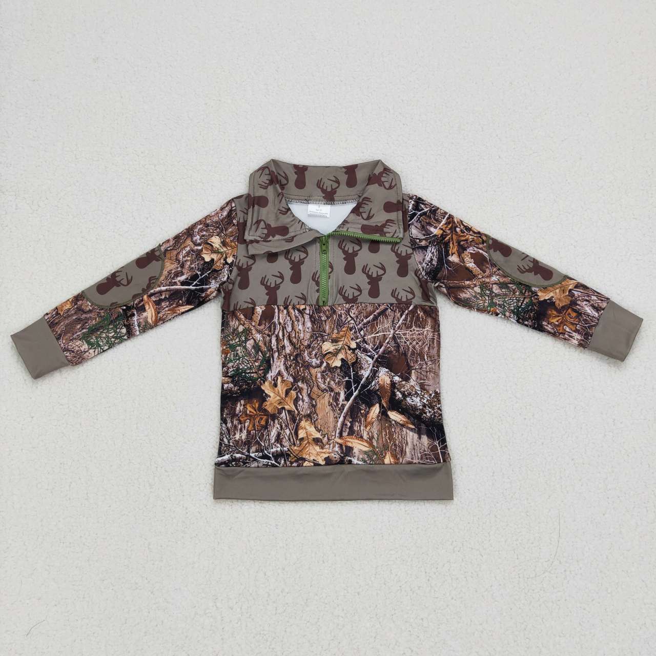 BT0094 Green Camo Deer Leaf Leaves Boys Long Sleeve Top Collar Polo Pullover T-Shirts