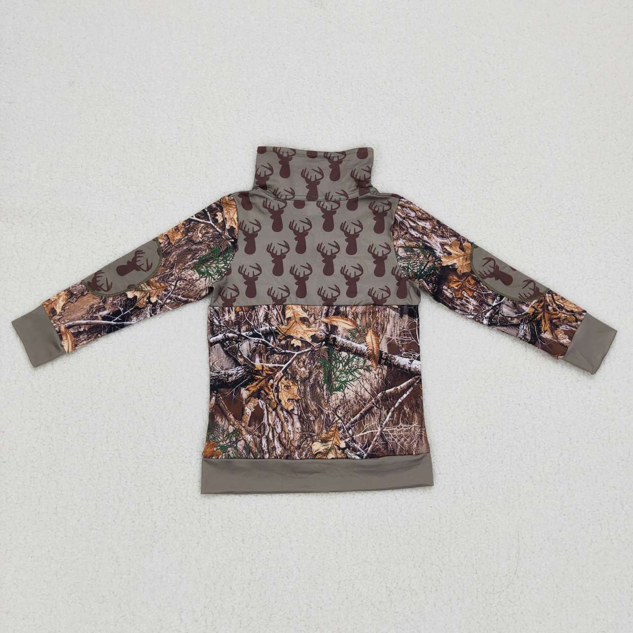 BT0094 Green Camo Deer Leaf Leaves Boys Long Sleeve Top Collar Polo Pullover T-Shirts